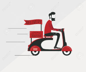 56878012 Delivery man courier worker riding scooter Stock Photo 1 2