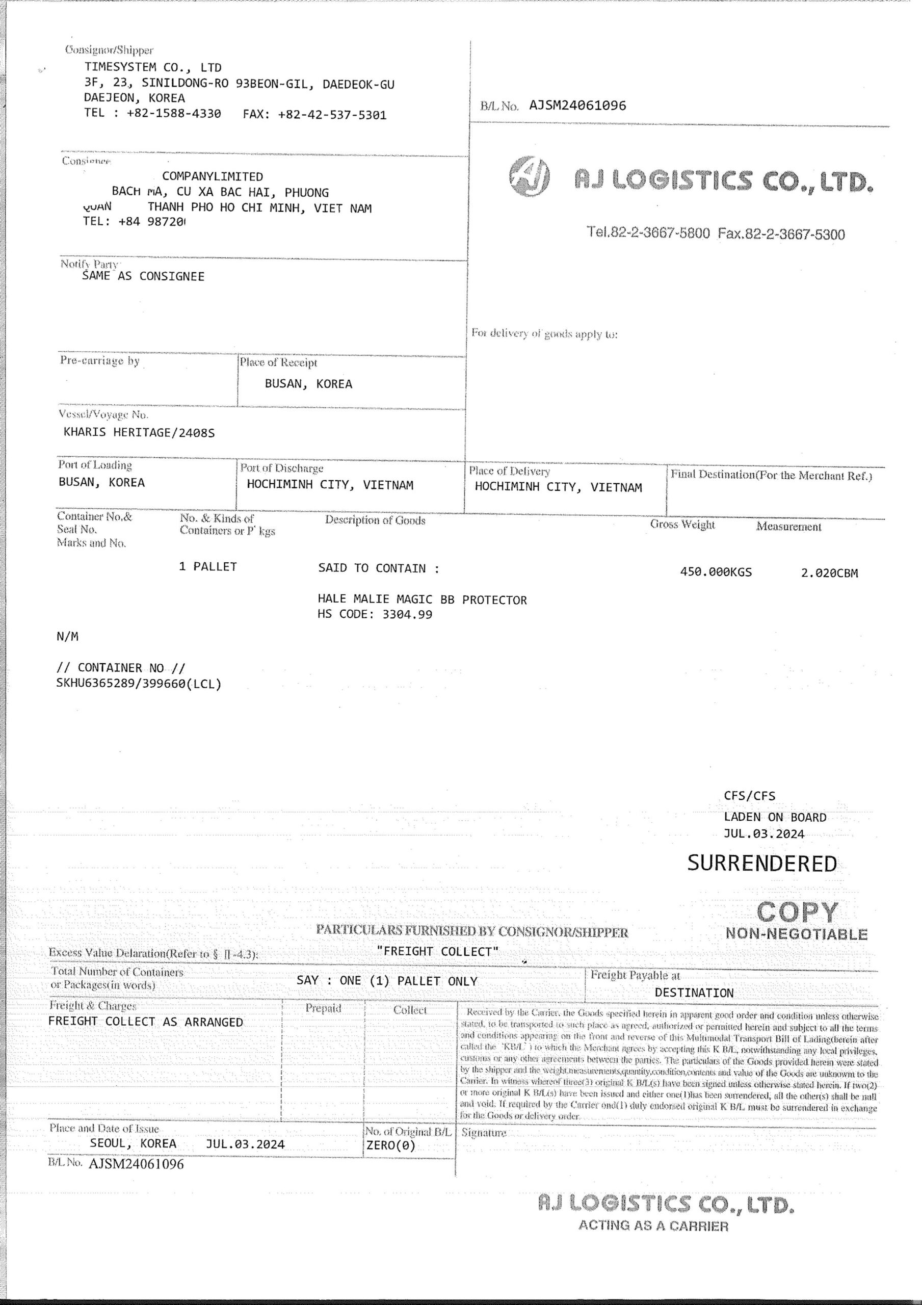 Chứng từ nhập khẩu: Kem nền từ Hàn Quốc