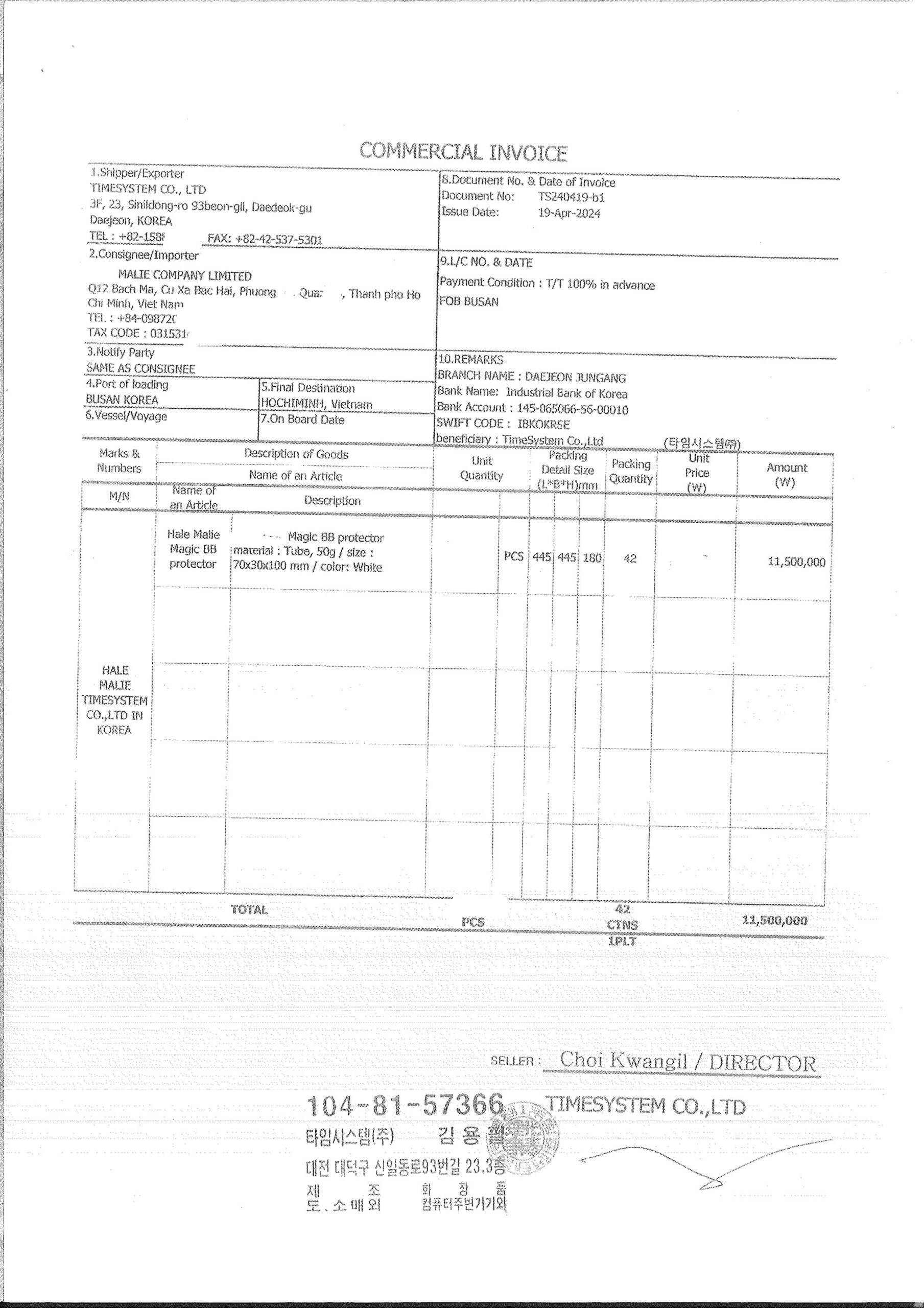 Chứng từ nhập khẩu: Kem nền từ Hàn Quốc